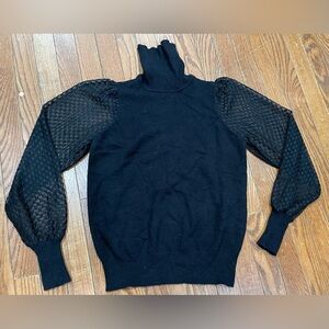 Marled Black Turtleneck Sweater with Sheer Sleeves